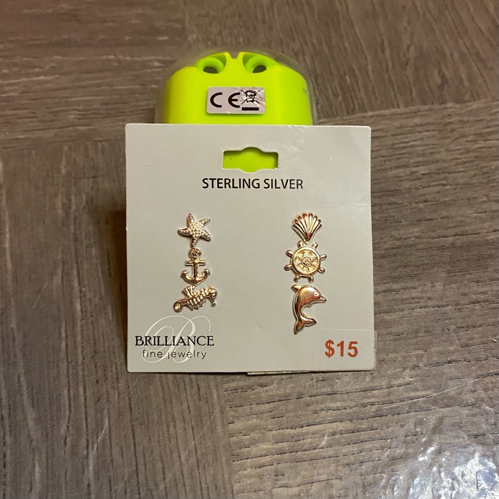 Brilliance Sterling Silver Ocean Nautical Single Stud Earrings Set NWT